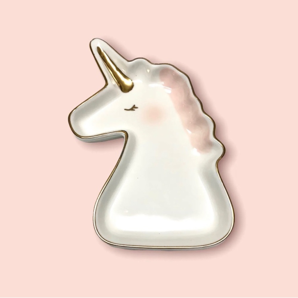 Unicorn Ring Dish Trinket Tray White Pink Gold Kate Aspen Ceramic